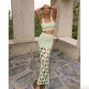 YLLW The Label Adina Knit Skirt Set Maxi Cut Out Pea Green Women's Size XS